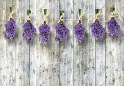Fotobehang Wooden Wall Flowers Lavender | XL - 208cm x 146cm | 130g/m2 Vlies