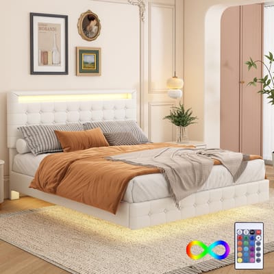 SINGULARITY-Vlak bed 140 x 200 cm- LED-sfeerverlichting- vering- PU-materiaal- drietraps hoogteverstelling van het hoofdeinde- wit- zonder matras