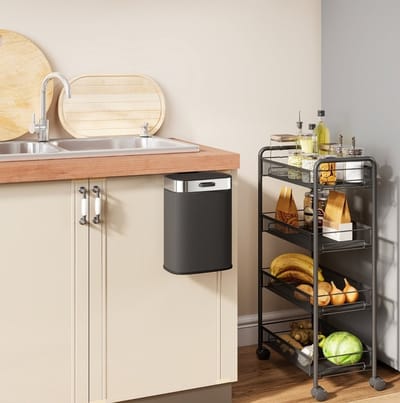 MEUNIQ prullenbak 5 liter hangend of vrijstaand met deksel en uitneembare binnenemmer, push afvalemmer voor kastdeur tot 2,5 cm, zwart met RVS look