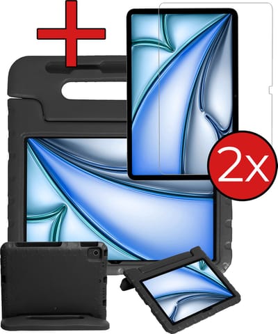 Hoesje - Geschikt voor Apple iPad Air (2024/2025/2026) - 11 inch - Met 2x Screenprotector - Kinderhoes - Shockproof Bumper - Kidsproof Case - Tablethoes - Kinder Hoes Cover - Zwart