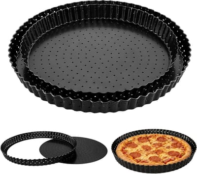 Set van 2 ronde taartvormen met hefbodem en gaten, 26 cm en 30 cm, ideaal voor quiches, taarten en pizza's, met anti-aanbaklaag van koolstofstaal