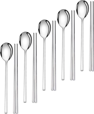 House of Husk Originele Koreaanse Eetstokjes en Soeplepel Set - Zilver - 5 Paar - RVS - Vaatwasserbestendig - Sushi Chopsticks