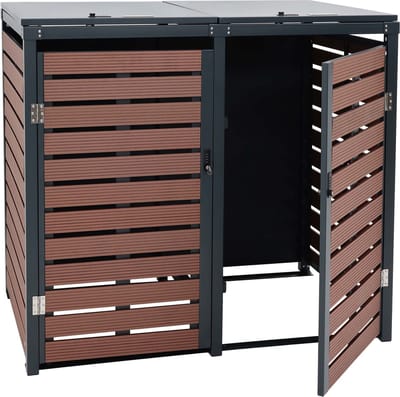 2 afvalbak deksel MCW-K14, afvalbak deksel afvalbak, 119x134x84cm WPC metaal 78kg ~ walnoot hout look