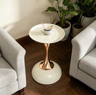 Bijzettafel - Rond Met Metalen Blad En Voet - Voor Woonkamer Slaapkamer En Balkon - Koolstofstaal Wit Goud - 38x38x54 Cm
