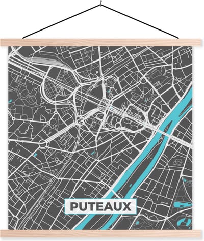 Posterhanger incl. Poster 40x40 cm - Schoolplaat - Puteaux - Frankrijk - Plattegrond - Kaart - Stadskaart - Textielposter - Blanke latten - Stadskaart