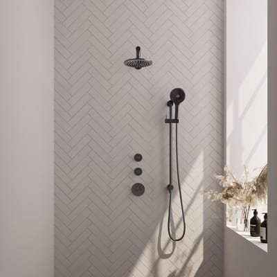 Brauer Gunmetal Edition thermostatische inbouw regendouche SET 19 met 20 cm douchekop en rechte muurarm en 3-standen handdouche en doucheslang en geïntegreerde glijstang gunmetal geborsteld PVD