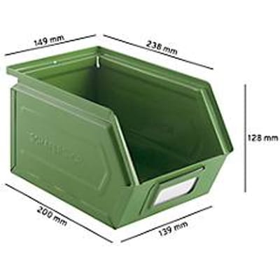 Schäfer Shop Select magazijnbak met open voorzijde, staal, L 238 x B 149 x H 128 mm, 3,5 l, 8 kg, RAL 6011 (resada groen)