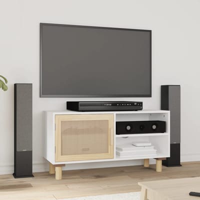 vidaXL - Tv-meubel - 80x30x40 - cm - massief - grenenhout - en - rattan - wit