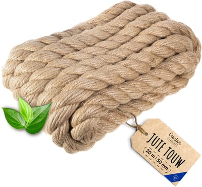 Creatief Deco Jute Touw | 20m Lengte | 50mm Dikte | Sterk en Duurzaam Jute Touw | Gedraaid Natuurvezeltouw | Bruin Decoratief Touw | Voor Toepassingen: Balustrades, tuin- en thuisprojecten