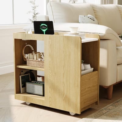 Verrijdbaar Nachtkastje met Stopcontact & Lade - Smalle Bijzettafel met Wielen - USB & Type-C Oplaadstation - Eikenkleur - 70x30x63 cm