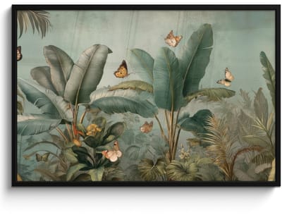 Poster in lijst - Fotolijst 120x80 cm - Posters - Tropisch bladerdek - Vlinders - groen - Bruin - Posterlijst zwart - Decoratie - Wanddecoratie woonkamer - Muurdecoratie slaapkamer