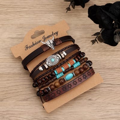 Dailygoods- Kralenarmbanden 6 Stuks - Boheemse Vintage - Turquoise Imitatie - Stapelbare Armbanden - Veelkleurig - PU en Houten Kralen - Sieraden