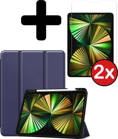 Hoesje - Geschikt voor Apple iPad Pro (2021) - 12.9 inch - Met Screenprotector - Trifold Bookcase Hoes - Hard Cover Case - Met Uitsparing Geschikt voor Apple Pencil - Hardcover Book - Tablethoes - Donkerblauw