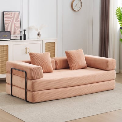 Multifunctionele corduroy slaapbank – vast frame – met 2 kussens en armleuningen – comfortabele 2-in-1 slaapbank – geschikt voor 2 personen – te gebruiken als logeerbed, bank en ligstoel – ideaal voor appartement en kleine ruimtes – abrikooskleur