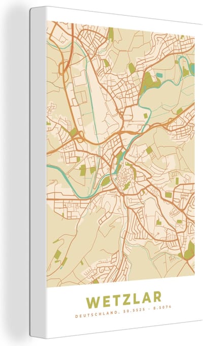 Canvas Schilderij Kaart - Wetzlar - Vintage - Plattegrond - Stadskaart - 20x30 cm - Wanddecoratie