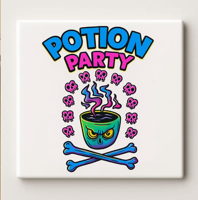 Potion Party Halloween Tegel – 15x15 cm Griezelige Keramische Wandtegel – Leuk Hekserig Cadeau voor Halloweenliefhebbers & Feestdecoratie
