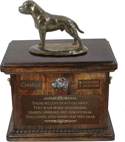 Persoonlijke urn hond voor Staffordshire Bull Terrier met beeldje