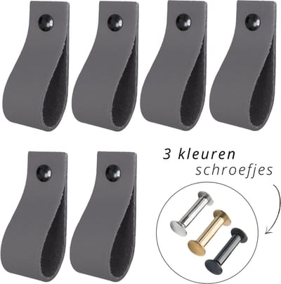Handles and more - 6x Leren handgrepen lusjes - Donker Grijs - S (15,8cm) - incl. 3 kleuren schroefjes (handgreepjes - leren handgrepen - greepjes - leren lusjes)