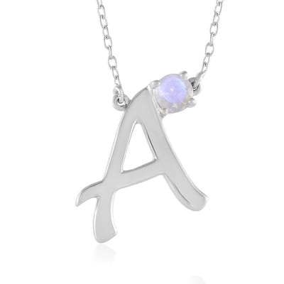 Cavill - Zilveren Halsketting - 925 Sterling Zilver Geplatineerd - 0,40 ct Regenboog Maansteen 5 mm - Elegante Initiaalhanger