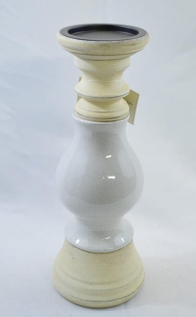 ZoeZo Design - Kandelaar - kaarsenhouder - hout - aardewerk - lichtgrijs - H33 x Ø 13 cm