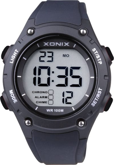 Xonix DAZ-006 - Horloge - Digitaal - Mannen - Rond - Siliconen band - ABS - Cijfers - Achtergrondverlichting - Alarm - Start-Stop - 12/24 - Tweede tijdzone - Datumaanduiding - Waterdicht - 10ATM - Zwart