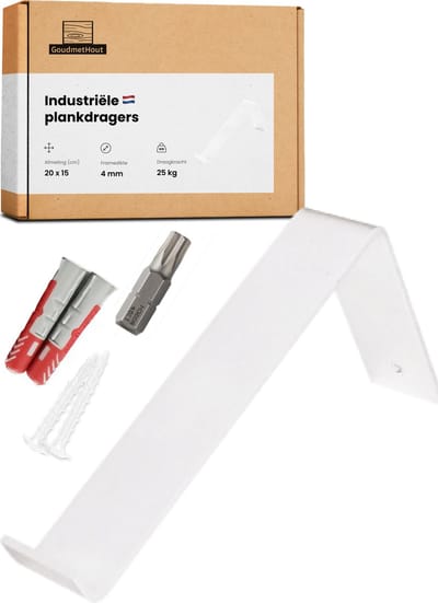 GoudmetHout® Industriële Plankdragers L-vorm - 20 cm - Stalen Plankdrager voor Wandschap, Muurrek of Wandconsole - Max 25 kg - 1 stuk - Mat Wit