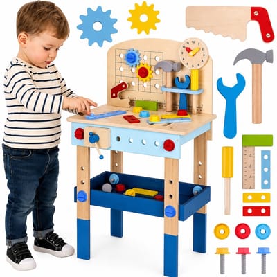 TOOKY TOY Werkbank Speelgoed - FSC Hout - 46-Delig - Speelgoed Gereedschap - Geschikt voor 3+ Jaar (Peuters) - Werkbank Kinderen - Educatief & Montessori Speelgoed