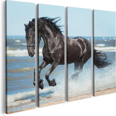 Artaza Canvas Schilderij Vierluik Zwart Paard In Het Water - 80x60 - Foto Op Canvas - Canvas Print