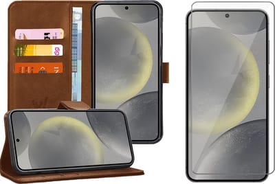 Hoesje geschikt voor Samsung Galaxy S24 - Screenprotector Glas - Portemonnee Book Case Bruin