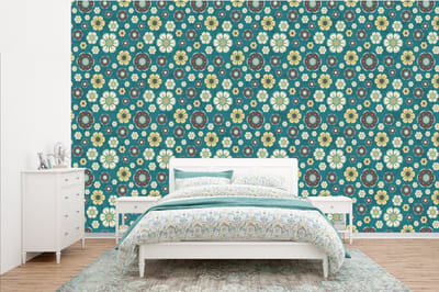 Behang - Fotobehang Retro - Bloemen - Patronen - Blauw - Breedte 385 cm x hoogte 240 cm