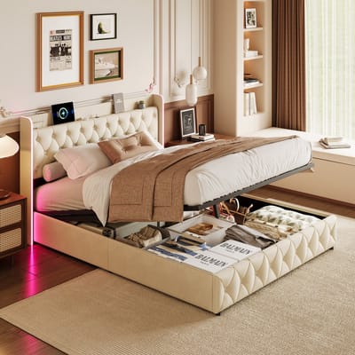 Gestoffeerd bed 140x200cm met LED-verlichting, USB- en Type-C-oplaadpoorten, modern tweepersoonsbed, kinderbed, fluwelen stof, beige, zonder matras
