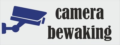 camera bewaking bordje - tekst bordje - waakbord - zelfklevend - 130 x 50 mm. - dikte 0,5 mm. - krasvast - 5 jaar garantie .