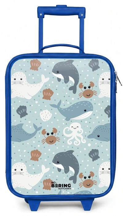 NoBoringSuitcases.com® - Kinderkoffer blauw - Kindertrolley jongen - Zee dieren patroon kleurrijk - Koffer kind lichtgewicht - Reiskoffer trolley voor kinderen - Koffertje met lichtgevende wieltjes - Rolkoffer