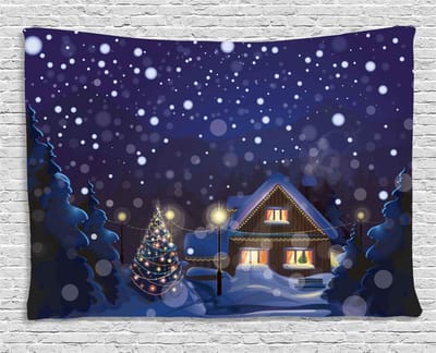 ABAKUHAUS Kersttapijt, Winter Night House, Woonkamer Slaapkamer Wanddoek Zijdezacht Satijn Wandtapijt, 200 x 150 cm, Marineblauw Geel