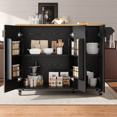 MODFU Keukeneiland - Uitschuifbaar - Met Opbergruimte En Wielen - Modern - MDF - Zwart - 130 x 45/75 x 92 cm