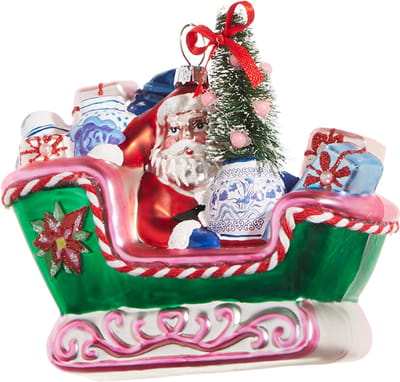 Viv! Christmas Kerstornament - Chinoiserie Slee met Kerstman en Cadeaus - glas - groen roze rood - 11cm