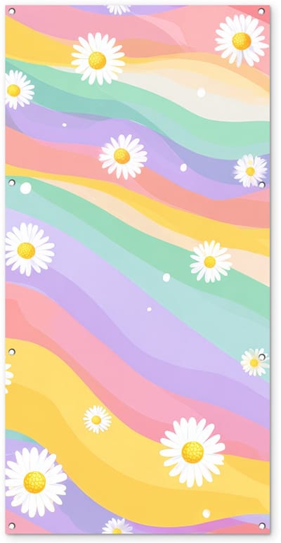Tuinposter 80x160 cm - Tuindecoratie Madeliefjes - Kleurrijk - Pastel - Vrolijk - Poster voor in de tuin - Buiten decoratie - Schutting tuinschilderij - Tuindoek muurdecoratie - Wanddecoratie balkondoek