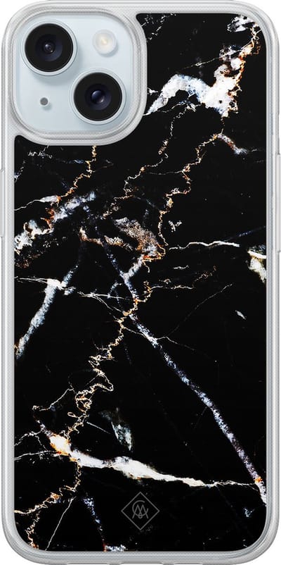 Casimoda® hoesje - Geschikt voor iPhone 15 - Marmer Zwart - 2-in-1 case - Schokbestendig - Marble design - Verhoogde randen - Zwart, Transparant