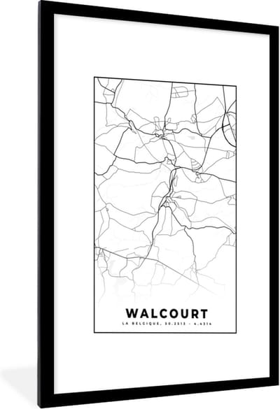 Fotolijst incl. Poster Zwart Wit- Zwart Wit – België – Plattegrond – Stadskaart – Kaart – Walcourt - 60x90 cm - Posterlijst