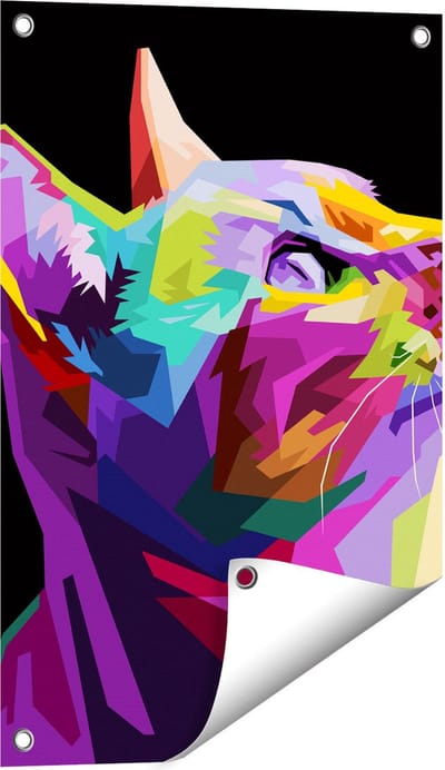 Gards Tuinposter Kleurrijke Kat Kijkt naar Boven - Abstract - 40x60 cm - Tuindoek - Tuindecoratie - Wanddecoratie buiten - Tuinschilderij