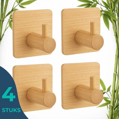 BUDDLEY Handdoekhaakjes - Bamboe - Zelfklevende Haakjes - Ophanghaken - Handdoekhouder - Zelfklevend - Wandhaak - Handdoekhaakjes - Plakhaakjes - Plak Haakjes - Plakhaak - Plakhaken - Houten - Wandhaken - Badkamer - Zonder boren - Hout - Set van 4