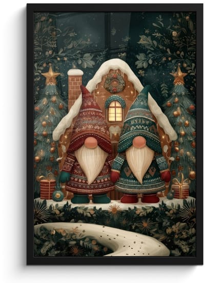 Poster in lijst - Fotolijst 40x60 cm - Posters - Kerst - Gnomen - Peperkoekhuisje - Rood - Groen - Posterlijst zwart - Decoratie - Wanddecoratie woonkamer - Muurdecoratie slaapkamer - Kerstversiering - Kerstdecoratie voor binnen - Kerstmis