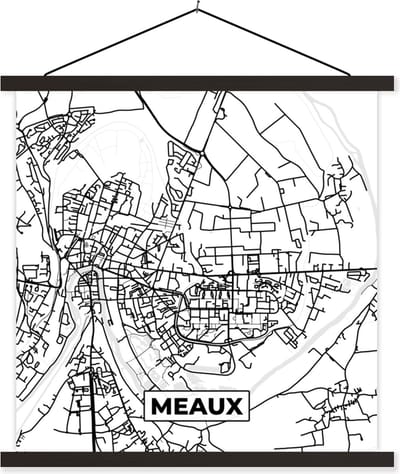 Posterhanger incl. Poster 60x60 cm - Schoolplaat - Stadskaart - Frankrijk - Meaux - Kaart - Plattegrond - Zwart wit - Textielposter - Zwarte latten - Stadskaart
