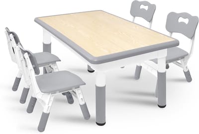 NAIZY 120x60cm Kindertafel met 4 Stoelen Kindertafelstoelset in Hoogte Verstelbaar Kindertafelstoelset HDPE + ABS Kindermeubel Kinderzitgroep 100KG Draagvermogen voor Jongens en Meisjes (Grijs)