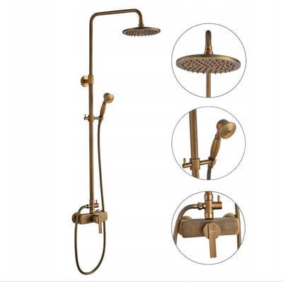 Auralum Max Regendouche - Antiek Messing Doucheset - Retro Koperen Regendoucheset - Hoogte Verstelbaar 96-135 cm - Wandmontage - Mengkraan - Waterbesparend