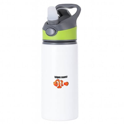Hacebo® - oranje vis (nemo) met eigen naam waterfles met rietje groen - Vis - vissen liefhebbers - iemand die houdt van vissen - verjaardag - cadeau - kado - water fles - 650ML