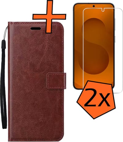 Hoes - Met 2x Screenprotector - Geschikt voor Samsung Galaxy S25 - Luxe Pasjeshouder - Bookcase Portemonee - Flip Case - Kunstleer Book Case - Flipcase Hoes - Book Cover - Walletcase - PortemonneeHoes - Bruin