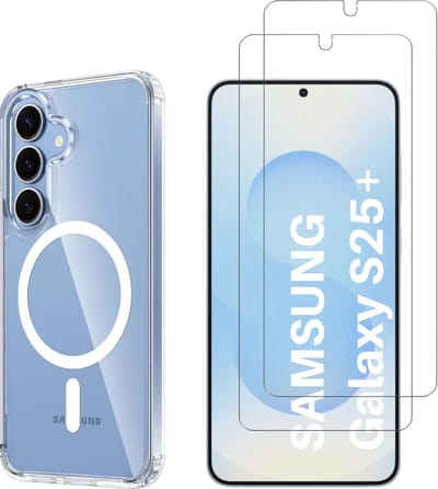 Samsung Galaxy S25 Plus Hoesje backcover Shockproof siliconen Transparant met geïntegreerde magnetische cirkel en 2 stuks Screenprotector Gehard Glas