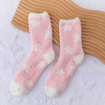 Fluffy sokken dames - roze - gestipt - witte sterren - 36 - 40 - huissokken - bedsokken - zacht - cadeau voor haar - geschenk vrouwen - Kerst cadeau - verjaardagscadeau - gift