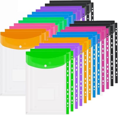 Set van 24 A4 Plastic Hoezen voor Mappen, Uitbreidbaar, 6 Transparante Kleuren, Met Druksluiting en Etikettenzak